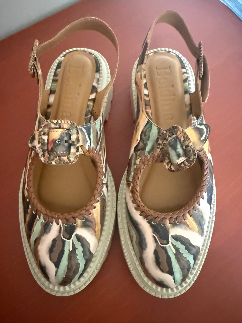 Beklina Floral Print Leather Lug Sole Slingback Sandals Approx Size 9 Artsy